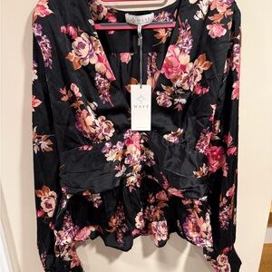 WAYF Black Floral Blouse with Pink and Purple Accents